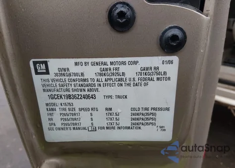 2006 Chevrolet Silverado 1500 Lt1 из США, поврежденный, VIN 1GCEK19B36Z240643